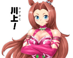 Rule 34 | 1girl, animal ears, bare shoulders, blue eyes, blush, breasts, brown hair, cleavage, closed mouth, collarbone, commentary request, crossed arms, detached sleeves, dress, ear ornament, horse ears, horse girl, kawakami princess (umamusume), large breasts, long hair, looking at viewer, parted bangs, pink dress, pink sleeves, sidelocks, simple background, sleeveless, sleeveless dress, smile, solo, standing, toren chi, translation request, umamusume, upper body, white background
