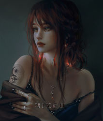 Rule 34 | 1girl, artist name, bare shoulders, black nails, collarbone, commentary, dark, earrings, fantasy, hair between eyes, highres, jewelry, long hair, looking away, looking to the side, mole, nail polish, necklace, nixeu, off shoulder, original, parted lips, realistic, red hair, ring, ringlets, scenery, simple background, solo, tattoo, upper body, yellow eyes