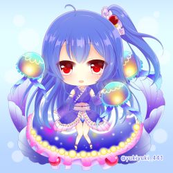 Rule 34 | 1girl, :d, ahoge, blue hair, blue kimono, blush, chibi, commentary request, detached sleeves, frilled kimono, frilled sleeves, frills, japanese clothes, jellyfish, kimono, long hair, long sleeves, looking at viewer, noa (shironeko project), one side up, open mouth, polka dot, polka dot kimono, red eyes, red footwear, sandals, see-through, shironeko project, sidelocks, sleeveless, sleeveless kimono, smile, solo, two side up, very long hair, wide sleeves, yukiyuki 441