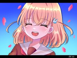 Rule 34 | 1girl, ^ ^, blue background, blush, closed eyes, commentary, crossed bangs, dated, facing viewer, falling petals, gradient background, hair ornament, harusame soup (har s k), hasu no sora school uniform, hinoshita kaho, letterboxed, light smile, link! like! love live!, love live!, medium hair, open mouth, orange hair, petals, pink petals, rabbit hair ornament, sailor collar, school uniform, solo, teeth, two side up, upper body, upper teeth only, virtual youtuber, white sailor collar, winter uniform