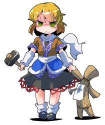 Rule 34 | 1girl, absurdres, arm warmers, blonde hair, doll, green eyes, hammer, highres, mizuhashi parsee, pointy ears, scarf, shinapuu, short hair, short sleeves, simple background, skirt, solo, straw doll, tears, touhou, white background