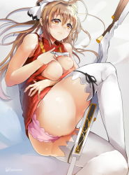 Rule 34 | 10s, 1girl, adapted costume, amagi brilliant park, antenna hair, ass, bare shoulders, blush, breasts, brown eyes, brown hair, cleavage, cleavage cutout, clothing cutout, gun, himuro shunsuke, long hair, lying, meme attire, on side, open-chest sweater, panties, pink panties, rifle, sento isuzu, solo, sweater, thighhighs, thighs, twitter username, underwear, weapon, white thighhighs