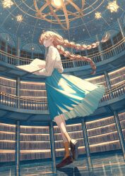 Rule 34 | 1girl, aran sweater, armillary sphere, balcony, blonde hair, blue eyes, blue skirt, book, bookshelf, braid, bright pupils, brown footwear, cable knit, checkered floor, dome, floating hair, from below, from side, full body, highres, holding, holding book, loafers, long hair, looking at viewer, looking to the side, night, open book, orange socks, original, parted lips, perspective, pleated skirt, shoes, skirt, sky, socks, solo, standing, star (sky), starry sky, stellated octahedron, sweater, tiptoes, twin braids, ugonba (howatoro), white pupils, white sweater, window