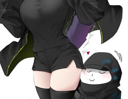 Rule 34 | 1boy, 1girl, arknights, black jacket, black shirt, breasts, cat tail, cheek squash, doctor (arknights), face to thighs, heart, highres, hood, hood up, hooded jacket, jacket, jessica (arknights), k0ng, large breasts, open clothes, open jacket, out of frame, shirt, shorts, surprised, tail, thick thighs, thighhighs, thighs