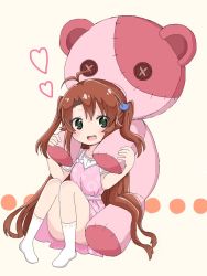 Rule 34 | 1girl, :d, antenna hair, beige background, blush, bow, brown hair, cat hair ornament, commentary request, convenient leg, dress, fang, green eyes, hair between eyes, hair ornament, heart, holding, knees together feet apart, koshigaya komari, long hair, looking at viewer, no shoes, non non biyori, open mouth, oversized object, pigeon-toed, pink dress, shika (s1ka), shirt, short sleeves, sidelocks, simple background, sitting, smile, socks, solo, stuffed animal, stuffed toy, teddy bear, two side up, undershirt, very long hair, white bow, white shirt, white socks