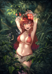 Rule 34 | 1girl, :d, armpits, arms behind head, arms up, bare shoulders, bikini, blush, breasts, bridal garter, cleavage, collarbone, commentary request, cowboy shot, earrings, flower, forest, hair flower, hair ornament, heart, heart earrings, heart necklace, heterochromia, hibiscus, highres, hololive, houshou marine, houshou marine (summer), jewelry, large breasts, leaf, long hair, looking at viewer, nature, navel, necklace, o-ring, o-ring thigh strap, open mouth, outdoors, plant, red bikini, red eyes, red flower, red hair, rosettejeremybrett82, short shorts, shorts, sidelocks, smile, solo, standing, strap gap, sun, swimsuit, teeth, thigh strap, thighs, underboob, undressing, upper teeth only, virtual youtuber, wet, white shorts, yellow eyes