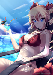 Rule 34 | 10s, 1girl, bikini, blonde hair, blue eyes, breasts, chair, claire harvey, cleavage, drill hair, drink, hundred (light novel), large breasts, long hair, lounge chair, mimelex, sitting, solo, swimsuit, twin drills, twintails