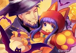 Rule 34 | 1boy, 1girl, ane-suisei, animal hands, animal hood, bat (animal), beard, blue eyes, blue hair, bow, cat hood, cat paws, closed eyes, facial hair, father and daughter, fire emblem, fire emblem: the binding blade, fire emblem: the blazing blade, fire emblem heroes, grin, halloween costume, hat, hector (fire emblem), hector (halloween) (fire emblem), highres, hood, lilina (fire emblem), long hair, nintendo, open mouth, smile, twitter username, witch hat