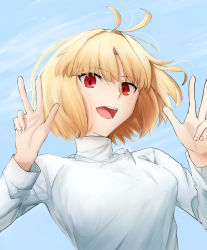 Rule 34 | 1girl, :d, absurdres, anianiani0607, antenna hair, arcueid brunestud, blonde hair, breasts, day, double w, hands up, highres, huge filesize, jewelry, looking at viewer, necklace, open mouth, outdoors, red eyes, short hair, smile, solo, sweater, tsukihime, turtleneck, turtleneck sweater, upper body, w, white sweater
