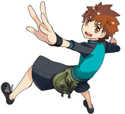 Rule 34 | 1boy, brown eyes, brown hair, capsule servant, emiya shirou, fanny pack, fate/stay night, fate (series), full body, highres, male focus, medori, official art, raglan sleeves, shoes, shorts, sneakers, solo, white background, wristband