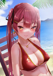 Rule 34 | 1girl, absurdres, bare shoulders, beach, bikini, black ribbon, blue sky, blush, breasts, collarbone, commentary request, day, earrings, hair between eyes, hair ornament, heart, heart earrings, heart necklace, heterochromia, highres, hololive, houshou marine, houshou marine (summer), huge filesize, jewelry, large breasts, long hair, looking at viewer, necklace, ocean, ontake2009, outdoors, palm leaf, red eyes, red hair, ribbon, sand, sitting, sky, solo, swimsuit, twintails, virtual youtuber, wet, yellow eyes