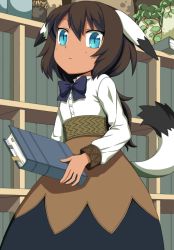 Rule 34 | 1girl, animal ears, bad id, bad pixiv id, blue eyes, book, bow, bowtie, brown hair, dress, ikura hato, library, long hair, looking at viewer, original, petite, plant, ponytail, potted plant, solo, tail, tan, wavy hair