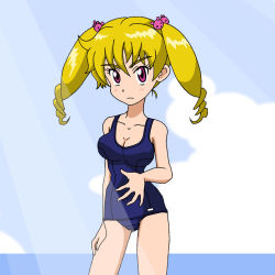 Rule 34 | 1girl, artist request, blonde hair, breasts, digimon, digimon xros wars, digimon xros wars: toki wo kakeru shounen hunter-tachi, large breasts, long hair, looking at viewer, medium breasts, nipples, one-piece swimsuit, purple eyes, solo, standing, suzaki airu, swimsuit, twintails