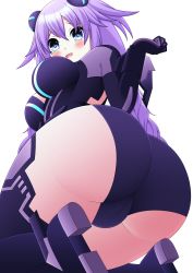 Rule 34 | 1girl, absurdres, ass, blue eyes, blush, bodysuit, boots, braid, breasts, cameltoe, embarrassed, female focus, from behind, from below, gloves, hair ornament, highres, huge ass, kneeling, large breasts, leotard, long hair, looking at viewer, meruruto, neptune (series), open mouth, purple hair, purple heart (neptunia), simple background, solo, thigh boots, thighhighs, twin braids, very long hair