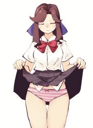 Rule 34 | 1girl, absurdres, bow, bow panties, bowtie, breasts, brown hair, buttons, closed eyes, closed mouth, clothes lift, collared shirt, commentary, commission, cowboy shot, facing viewer, gluteal fold, grey skirt, hair bow, hair ornament, hands up, high-waist skirt, highres, lifted by self, light blush, long hair, medium breasts, miniskirt, panties, parted bangs, pink bow, pink panties, pix3dayo, pleated skirt, purple hair, red bow, red bowtie, school uniform, seishou music academy uniform, shirt, shirt tucked in, short sleeves, shoujo kageki revue starlight, sidelocks, simple background, skeb commission, skirt, skirt lift, solo, standing, striped clothes, striped panties, tendou maya, thigh gap, underwear, white background, white shirt, x hair ornament