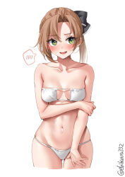 Rule 34 | 1girl, akigumo (kancolle), bare shoulders, bikini, blush, breasts, collarbone, cropped legs, ebifurya, eyepatch bikini, furrowed brow, gluteal fold, green eyes, hair between eyes, hand on own arm, hand on own thigh, highres, kantai collection, light brown hair, looking at viewer, medium breasts, mole, mole under eye, navel, nervous smile, one-hour drawing challenge, parted bangs, simple background, skindentation, smile, solo, spoken blush, stomach, strapless, strapless bikini, sweat, swimsuit, thighs, twitter username, wavy mouth, white background, white bikini