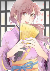 Rule 34 | 1girl, alternate eye color, alternate hairstyle, blush, breasts, brown eyes, commentary request, falling petals, floating hair, flower, hair flower, hair ornament, hand fan, highres, holding, holding fan, japanese clothes, kashikaze, kimono, long hair, long sleeves, looking at viewer, love live!, love live! school idol project, low ponytail, medium breasts, nail polish, obi, open mouth, outline, petals, purple hair, purple kimono, sash, sidelocks, smile, solo, teeth, tojo nozomi, upper body, upper teeth only, white outline