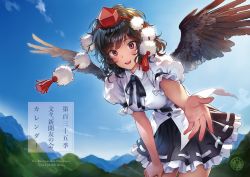 Rule 34 | 1girl, 2020, :d, belt, black belt, black hair, black ribbon, black skirt, black wings, blue sky, blush, breasts, cloud, commentary request, cowboy shot, day, feathered wings, hat, leaning forward, looking at viewer, matsuda (matsukichi), medium breasts, miniskirt, mountain, neck ribbon, open mouth, outdoors, petticoat, pleated skirt, pom pom (clothes), puffy short sleeves, puffy sleeves, reaching, reaching towards viewer, red eyes, ribbon, shameimaru aya, shirt, short hair, short sleeves, skirt, sky, smile, solo, standing, tassel, tokin hat, touhou, translation request, white shirt, wings