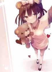Rule 34 | 1girl, animal ears, bear ears, black footwear, blush, bow, breasts, brown necktie, brown shirt, brown shorts, closed mouth, commentary, foreshortening, full body, hair behind ear, hair between eyes, hair bow, hand up, heart, holding, holding stuffed toy, holding teddy bear, kneehighs, long hair, looking at viewer, medium breasts, necktie, original, pink bow, pov, reaching, reaching towards viewer, shirt, shoes, short twintails, shorts, sleeves past fingers, sleeves past wrists, socks, solo, stuffed animal, stuffed toy, suisei 1121, tan shirt, teddy bear, twintails, white background, white socks, yellow eyes