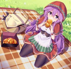 Rule 34 | 1girl, black pantyhose, box, bread, breasts, buttons, day, ddt (darktrident), dutch angle, eating, food, grass, hair between eyes, hair flaps, highres, holding, holding food, hood, long hair, looking at viewer, medium breasts, original, outdoors, pantyhose, picnic basket, plaid, purple eyes, purple hair, red skirt, seiza, shadow, shirt, sitting, skirt, solo, sunlight, underbust, very long hair, white shirt, wrist cuffs