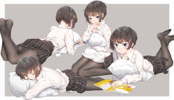 Rule 34 | 1girl, ass, black hair, black pantyhose, blue eyes, bob cut, closed eyes, commentary request, fangxiang cuoluan, looking at viewer, lying, magazine (object), multiple views, necktie, on stomach, original, pantyhose, pillow, school uniform, short hair
