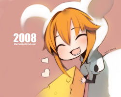 Rule 34 | 00s, 2008, animal costume, animal ears, cheese, chibi, closed eyes, fangs, food, heart, mouse (animal), mouse costume, mouse ears, orange hair, puti devil, solo, wallpaper