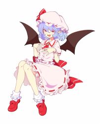 Rule 34 | 1girl, ascot, bat wings, black wings, blue hair, blush, brooch, collared shirt, fingernails, frilled shirt collar, frilled skirt, frilled sleeves, frills, full body, hair between eyes, hat, highres, jewelry, maguro (mawaru sushi), mob cap, open mouth, pink hat, pink shirt, pink skirt, pointy ears, red ascot, red eyes, red footwear, remilia scarlet, shirt, shoes, short hair, short sleeves, simple background, skirt, smile, socks, solo, touhou, white background, white socks, wings, wrist cuffs