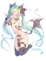 Rule 34 | 1girl, ;d, absurdres, animal ears, arm strap, bare shoulders, bell, black gloves, black thighhighs, breasts, collar, commentary request, deluxe&lt;&lt;&lt;, demon girl, demon tail, earrings, extra ears, fang, female focus, fingerless gloves, full body, gloves, green hair, heart, highres, horns, jewelry, jingle bell, long hair, looking at viewer, low wings, navel, one eye closed, open mouth, original, pasties, paw pose, pointy ears, purple eyes, revealing clothes, ryisu (deluxe&lt;&lt;&lt;), sidelocks, simple background, small breasts, smile, solo, tail, thigh strap, thighhighs, toeless legwear, twintails, very long hair, white background, wings