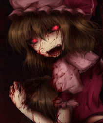 Rule 34 | 1girl, black sclera, blonde hair, blood, blood on clothes, blood on face, colored sclera, creepy, dark, eating, evil, fangs, female focus, flandre scarlet, glowing, glowing eyes, guro, hat, horror (theme), injury, looking back, open mouth, pink hat, red eyes, shimo (depthbomb), solo, touhou, vampire, wings
