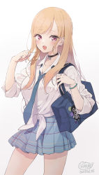 Rule 34 | 1girl, :d, absurdres, bag, black choker, blonde hair, blue necktie, blue skirt, blush, breasts, choker, collarbone, collared shirt, commentary, dated, dress shirt, ear piercing, earrings, front-tie top, gradient background, grey background, hand up, highres, jewelry, kitagawa marin, long hair, long sleeves, looking at viewer, medium breasts, necktie, neki (wakiko), open mouth, piercing, pleated skirt, red eyes, school bag, school uniform, shirt, signature, skirt, smile, solo, sono bisque doll wa koi wo suru, swept bangs, white background, white shirt