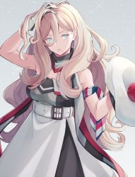 Rule 34 | 1girl, belt, belt buckle, beret, blonde hair, blue eyes, buckle, dress, gloves, gradient background, hat, kantai collection, long hair, mole, mole under eye, mole under mouth, multicolored clothes, multicolored gloves, pom pom (clothes), richelieu (kancolle), solo, totto (naka), white belt, white dress, white hat