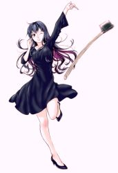 Rule 34 | 1girl, ;d, arm up, axe, babylon (minako sakamoto), black dress, black footwear, black hair, breasts, colored inner hair, dress, full body, highres, long hair, long sleeves, looking at viewer, magase ai, medium breasts, multicolored hair, one eye closed, open mouth, palejack, pink hair, simple background, smile, solo, standing, standing on one leg, two-tone hair, white background