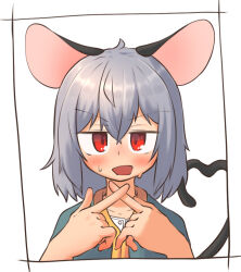 Rule 34 | 1girl, ahoge, animal ears, blue capelet, blush, capelet, commentary request, crossed bangs, crossed fingers, greenpiecerice, grey hair, hair between eyes, heart, heart tattoo, looking at viewer, medium bangs, mouse ears, mouse girl, mouse tail, nazrin, open mouth, red eyes, shirt, short hair, simple background, smile, solo, sweat, tail, tattoo, touhou, upper body, white background, white shirt