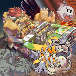 Rule 34 | :d, age difference, bad id, bad pixiv id, boo (mario), bowser, bowser jr., car, driving, dry bones, fang, fangs, father and son, ghost, grin, horns, mario (series), mario kart, masa (bowser), lava, motor vehicle, nintendo, no humans, open mouth, shell, shoshinsha mark, skeleton, smile, spikes, statue, super mario bros. 1, super smash bros., vehicle, vehicle focus