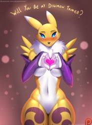 Rule 34 | 1girl, animal ears, blue eyes, blue sclera, body fur, breasts, colored sclera, detached sleeves, digimon, digimon (creature), digimon tamers, doom x wolf, eyelashes, fox ears, furry, furry female, heart, heart hands, highres, large breasts, looking at viewer, navel, neck fur, no pussy, renamon, snout, solo, thigh gap, thighs, underboob, valentine, wide hips, yin yang