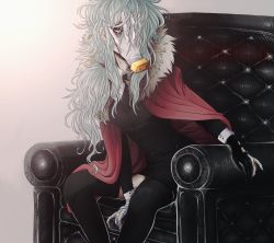 Rule 34 | 1girl, armchair, bandages, boku no hero academia, breasts, cape, chair, curvy, female focus, formal, genderswap, genderswap (mtf), gloves, hand on own face, highres, large breasts, long hair, looking at viewer, necktie, pale skin, red eyes, scar, shigaraki tomura, sitting, solo, suit, thighhighs, white hair