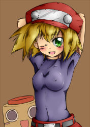 Rule 34 | 1girl, arm behind head, armpits, arms behind head, belt, blonde hair, blush, breasts, covered erect nipples, covered navel, green eyes, hat, mega man (series), mega man legends (series), navel, one eye closed, open mouth, red headwear, roll caskett (mega man), semikichi, servbot (mega man), simple background, skin tight, smile, solo focus, tight clothes, white background, wink