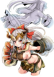 Rule 34 | 1girl, aliza (granblue fantasy), blush, bow, breasts, claw (weapon), claws, cleavage, closed mouth, collar, cosplay, draph, gloves, granblue fantasy, hair bow, hair pulled back, hair ribbon, headpiece, hood, hood down, horns, large breasts, lips, long hair, looking at viewer, no panties, pointy ears, ponytail, red bow, red collar, red eyes, revealing clothes, ribbon, sen (granblue fantasy), sen (granblue fantasy) (cosplay), sideboob, silver hair, simple background, skirt, smile, unname, very long hair, weapon, white background