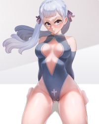 Rule 34 | 1girl, absurdres, black clover, blush, breasts, cameltoe, cleft of venus, dazonart, highres, medium breasts, no bra, no panties, noelle silva, purple eyes, silver hair, thick thighs, thighs, twintails, white background