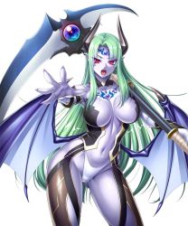 Rule 34 | 00s, 1girl, alternate form, blue skin, breasts, colored skin, corruption, curvy, dark persona, demon girl, demon wings, fangs, fingernails, green hair, highleg, highleg panties, highres, hime cut, holding, holding weapon, kagami hirotaka, large breasts, lilith-soft, long hair, looking at viewer, navel, official art, open mouth, panties, pointy ears, red eyes, revealing clothes, scythe, shiny skin, taimanin (series), taimanin asagi, taimanin asagi kessen arena, thong, underwear, very long hair, weapon, wings, yatsu murasaki