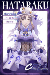 Rule 34 | 10s, 1girl, alternate costume, asymmetrical bangs, bad id, bad pixiv id, blue gloves, bow, bowtie, breasts, brown eyes, byuey, character name, corset, cowboy shot, dress, earrings, english text, flower, frilled dress, frills, gloves, hat, hat flower, hataraku saibou, highres, jewelry, light brown hair, long hair, long sleeves, looking at viewer, macrophage (hataraku saibou), medium breasts, open mouth, petals, puffy long sleeves, puffy sleeves, shadow, skirt hold, smile, solo, star (symbol), star earrings, top hat