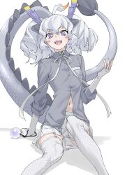 Rule 34 | 1girl, :d, ahoge, animal ears, blush, bow, bowtie, collared shirt, commentary, dragon ears, dragon girl, dragon horns, dragon tail, elbow gloves, fingerless gloves, fur-tipped tail, garter straps, gloves, grey shirt, highres, horns, kemono friends, looking at viewer, medium hair, midriff peek, navel, open mouth, pleated skirt, purple eyes, scales, shirt, short twintails, sidelocks, sitting, skirt, sleeves rolled up, slit pupils, smile, solo, tail, tanabe (fueisei), teeth, thighhighs, twintails, upper teeth only, white bow, white bowtie, white dragon (kemono friends), white garter straps, white gloves, white hair, white skirt, white thighhighs