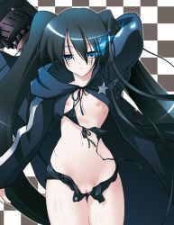 Rule 34 | 10s, 1girl, bikini, bikini top only, black bikini, black hair, black rock shooter, black rock shooter (character), blue eyes, breasts, c.r., cleft of venus, cloak, flat chest, front-tie top, glowing, glowing eyes, long hair, nipples, no panties, open fly, pussy, short shorts, shorts, solo, star (symbol), swimsuit, twintails, uncensored, unzipped, very long hair, wardrobe malfunction