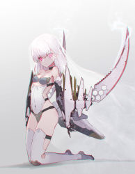 Rule 34 | 1girl, absurdres, blade, breasts, bridal veil, choker, chromatic aberration, claws, commentary request, covered navel, highres, kneeling, mecha musume, medium hair, oota youjo, original, pink eyes, science fiction, simple background, small breasts, solo, thighhighs, veil, white hair