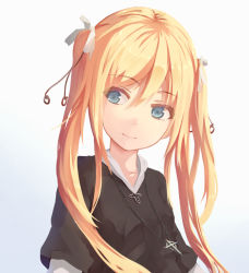 Rule 34 | 1girl, bad id, bad pixiv id, black shirt, blonde hair, blue eyes, collarbone, cross, cross necklace, eyelashes, hair between eyes, hair ribbon, jewelry, light smile, long hair, looking to the side, necklace, original, ribbon, shirt, short sleeves, simple background, solo, tsuki (190327588), twintails, upper body, white background, white ribbon