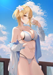 Rule 34 | 1girl, absurdres, bikini, blonde hair, blue nails, blue sky, blush, breasts, cleavage, closed mouth, cloud, contrail, cowboy shot, day, ekidona, flower, genshin impact, hair flower, hair ornament, halterneck, hand up, highres, large breasts, lily (flower), long sleeves, lumine (genshin impact), nail polish, off shoulder, open clothes, open shirt, outdoors, railing, short hair with long locks, sidelocks, sky, solo, standing, string bikini, swimsuit, thighs, wet, wet clothes, white bikini, white flower, yellow eyes