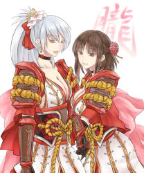 Rule 34 | 2girls, armor, bow, breasts, brown hair, choker, cleavage, closed mouth, commentary request, cowboy shot, earrings, flower, hair between eyes, hair bow, hair flower, hair ornament, hydrangea, japanese armor, japanese clothes, jewelry, long hair, looking at viewer, medium breasts, medium hair, misuguu, multiple girls, oboro (ragnarok online), open mouth, pauldrons, pink flower, ragnarok online, red bow, rope, shirt, shoulder armor, sideboob, simple background, sleeveless, sleeveless shirt, smile, white background, white flower, white hair, white shirt