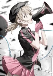 Rule 34 | 1girl, aircraft, airplane, azusawa kohane, black hat, black shirt, blonde hair, cosplay, detached sleeves, from side, gloves, grey sky, hair between eyes, hat, hatsune miku, hatsune miku (cosplay), highres, holding, holding megaphone, koi wa sensou (vocaloid), megaphone, mumat 39, music, necktie, open mouth, pink gloves, pink skirt, pleated skirt, profile, project sekai, shirt, short sleeves, singing, skirt, sky, upper body, wide-eyed, wind, wire, yellow eyes