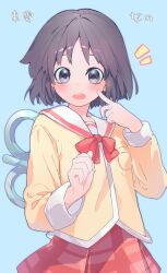 Rule 34 | 1girl, black eyes, black hair, blue background, bow, bowtie, breast pocket, finger to cheek, hand up, highres, light blush, looking at viewer, nichijou, notice lines, open mouth, pocket, red bow, red bowtie, red skirt, sailor collar, shinonome nano, shirt, short hair, simple background, skirt, solo, teeth, upper body, upper teeth only, valentine (02140314c), winding key, yellow shirt