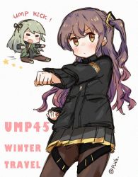 Rule 34 | 2girls, chibi, chinese commentary, commentary request, english text, fighting stance, flying kick, girls&#039; frontline, jacket, kicking, kung fu, multiple girls, official alternate costume, pantyhose, plug (feng-yushu), siblings, sisters, twitter username, ump40 (girls&#039; frontline), ump45 (girls&#039; frontline), ump45 (winter journey) (girls&#039; frontline)